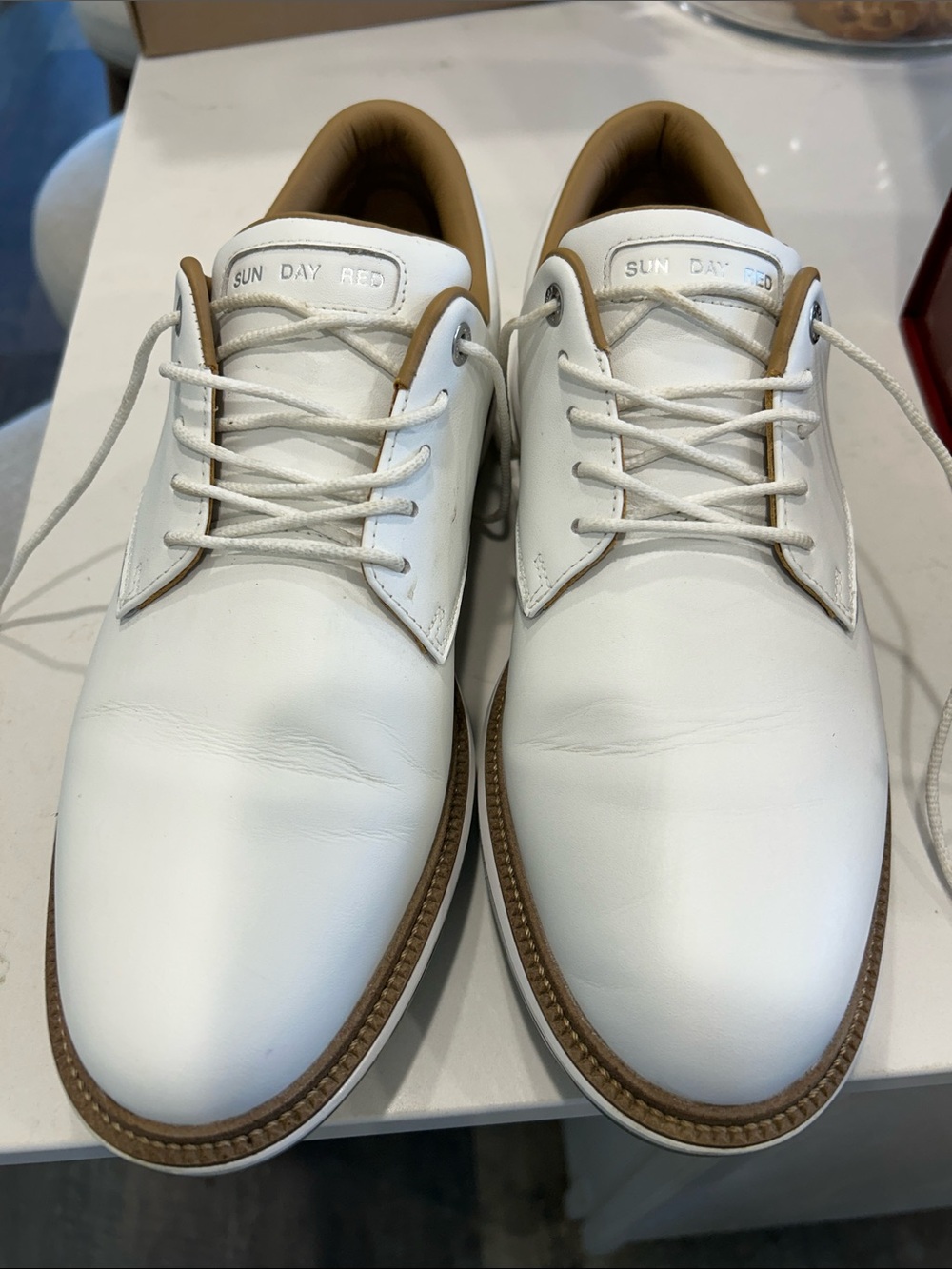 Sunday Red Men's White Leather Golf Shoes with Tan Accents